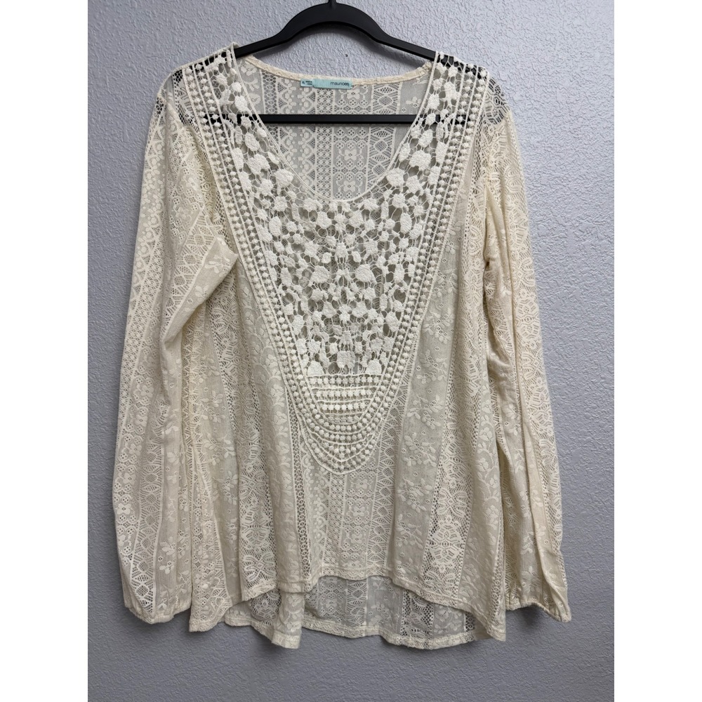 Maurices Women XL Cream Lace Crochet V-Neck Long Sleeve Boho Blouse Ivory FLAW